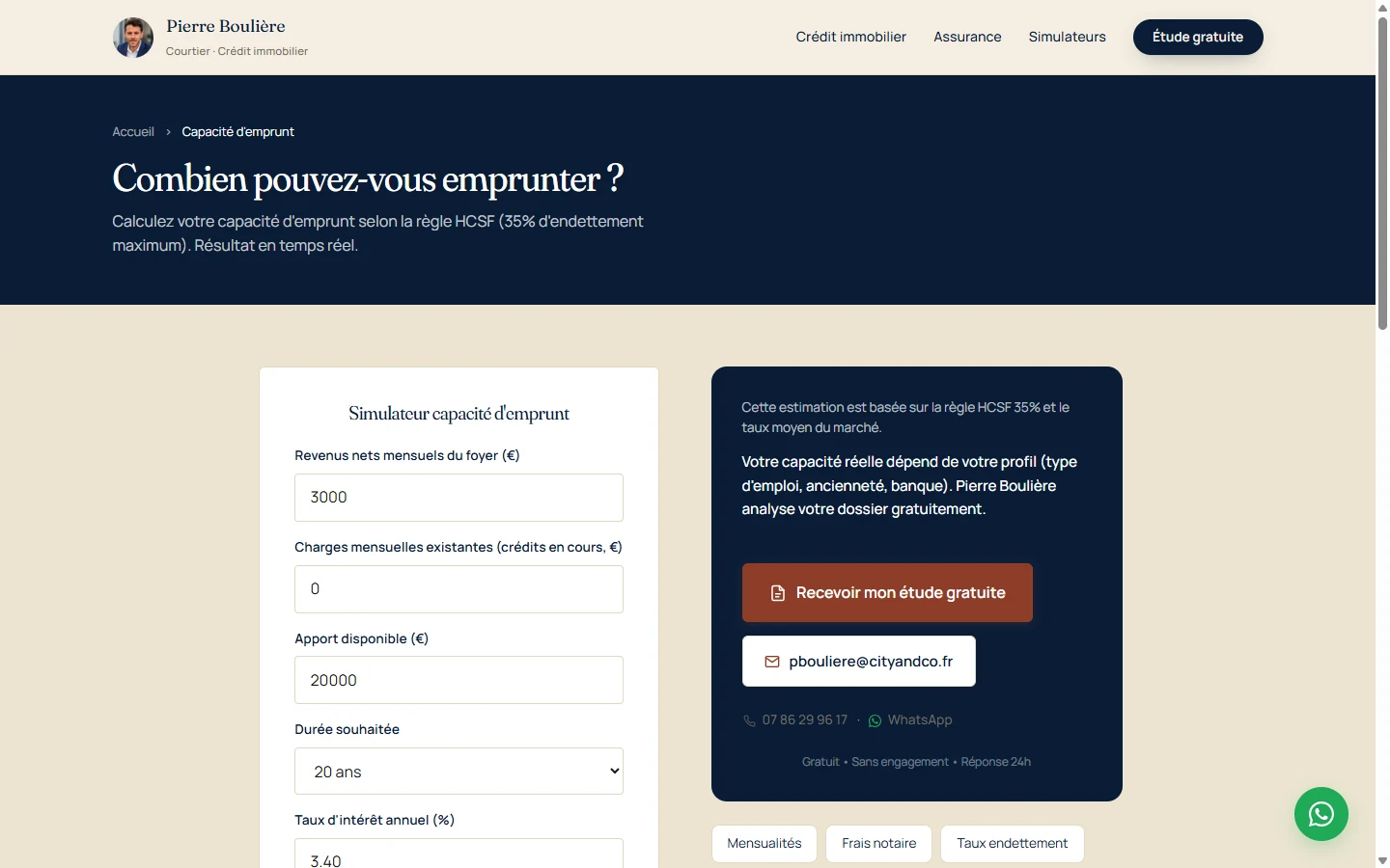 Simulateur de capacité d'emprunt intégré au site Pierre Boulière